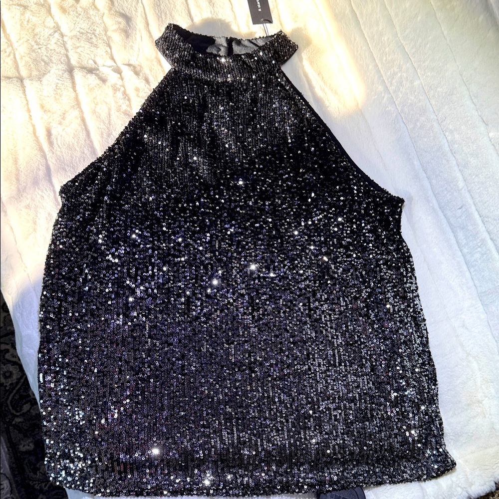 Cable & Guage Silver and Black Ombre Sequin Halter Top size XL. NWT